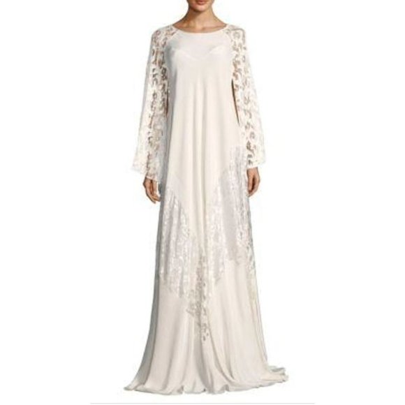 Oscar de la Renta White Chiffon Lace Caftan Wedding Dress - Picture 1 of 7